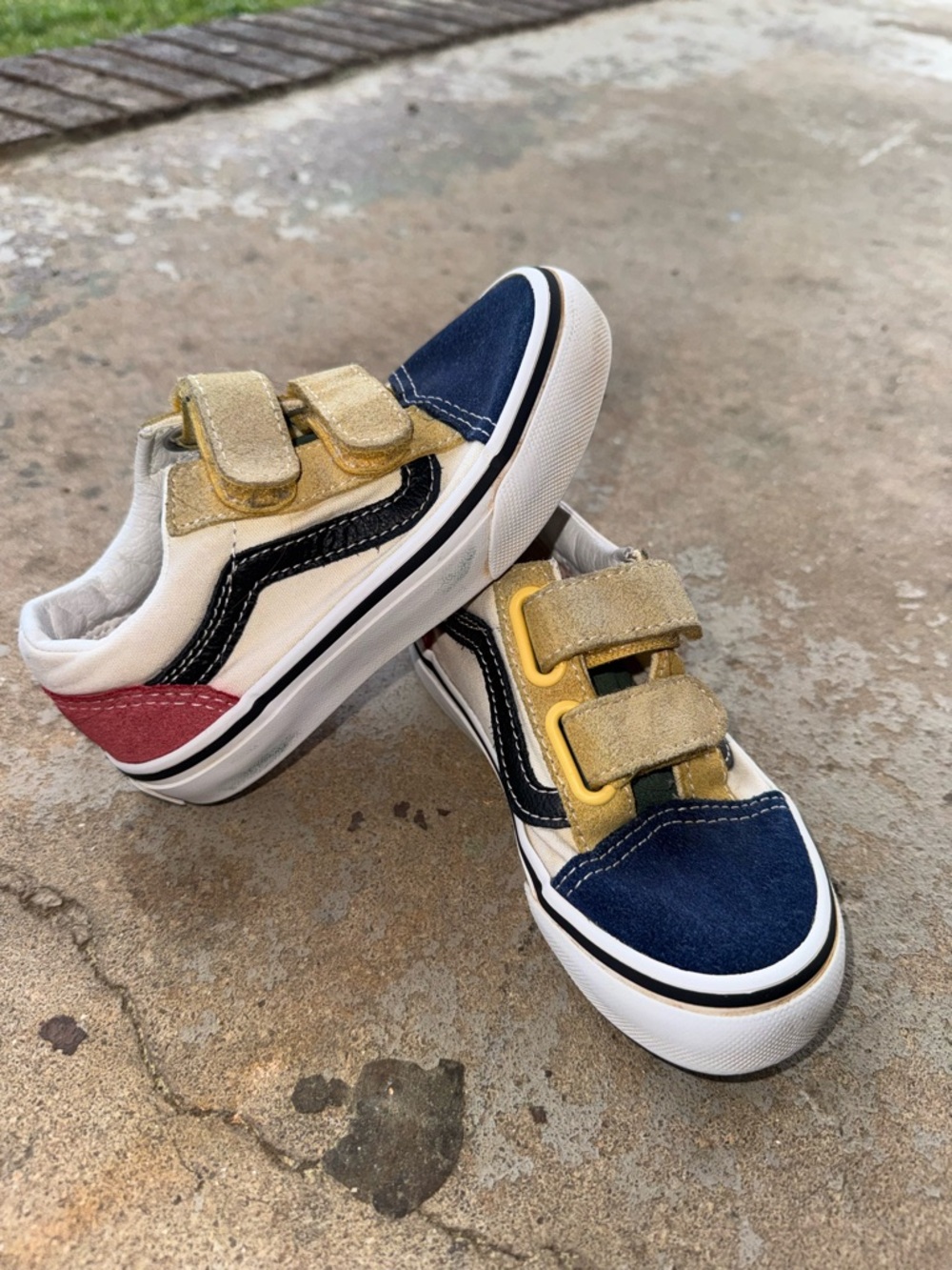Kids Vans, Multi-Color Velcro Skate Sneakers - Navy, Gold & Red